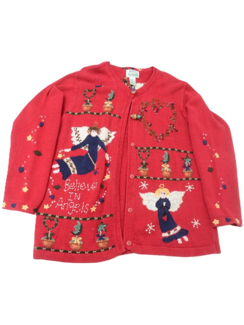 The Quacker Factory Women Size LG Garden Angel Miracles Red Cardigan Sweater